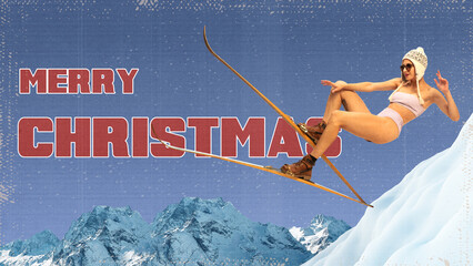 Poster. Contemporary art collage. Skier floats in mid-air, while bold, rustic typography sets cheerful holiday tone. Textured effect. Concept of Merry Christmas. Invitation or greeting card. © Lustre Art Group 