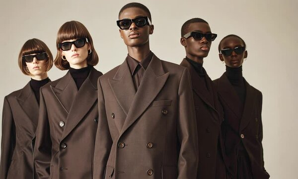 A group of fashionable models confidently strut in elegant, tailored outfits, embodying modern sophistication while showcasing the latest trends and styles
