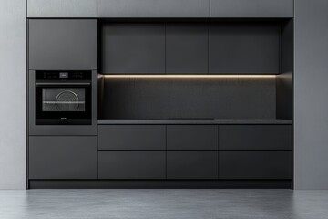 A grey kitchen set with shelves and appliances sits on top of a marble floor