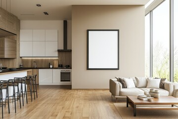 Beige studio interior banner with modern design zones