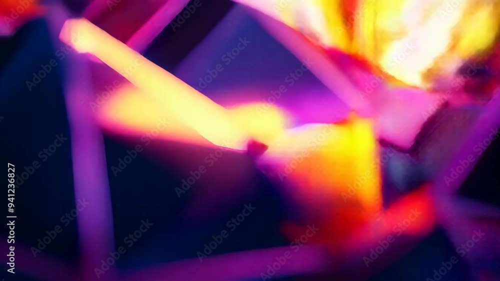 Poster abstract purple and orange geometric pyramids with glowing edges creating a vibrant pattern