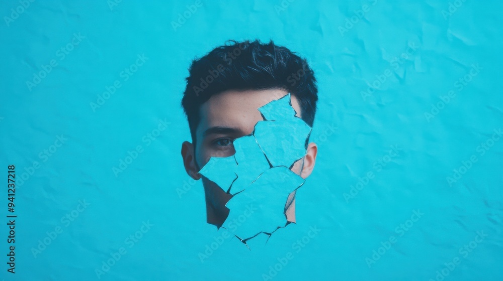 Poster a person standing before a shattered mirror, each fragment reflecting a different emotion, symbolizi