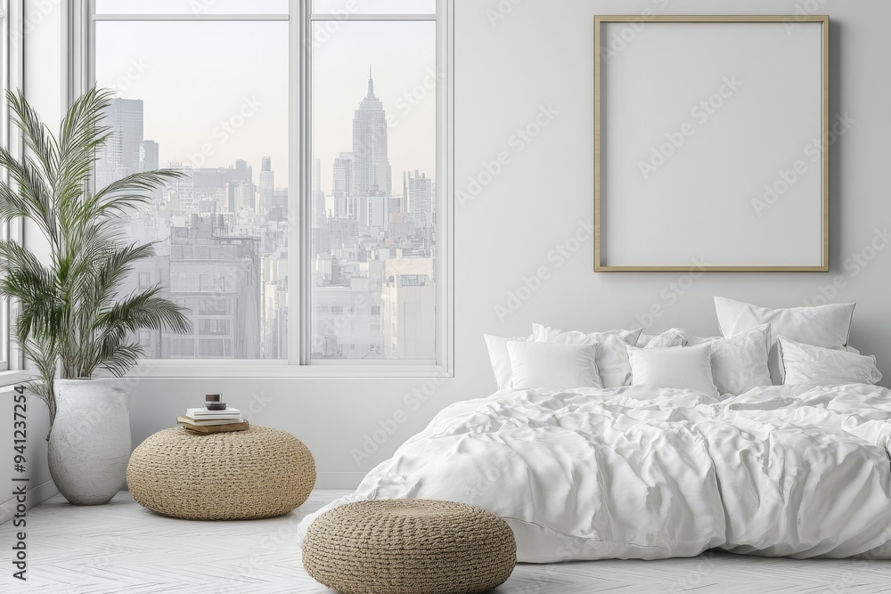 Poster A stylish bedroom interior with a bed, a dresser, a panoramic window. Mockup frame included