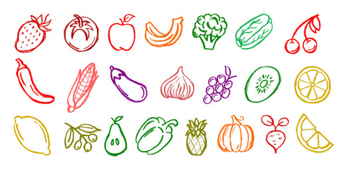 Fruit and Vegetables Crayon Chalk Drawing Icons Set