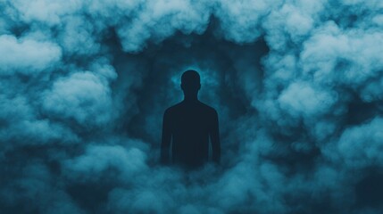 Obraz premium A figure trapped inside a glass box surrounded by dark, swirling clouds, symbolizing the feeling of being trapped by the stigma associated with mental health challenges
