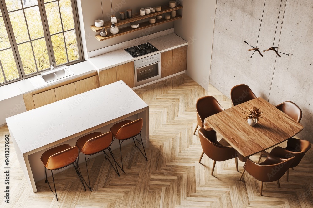 Poster Typical modern home kitchen interior with eating zone and dining table in the foreground