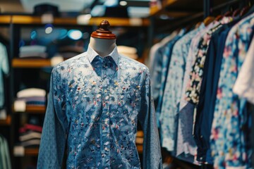 Fototapeta premium A mannequin displaying a rack of shirts, suitable for fashion, retail or advertising uses