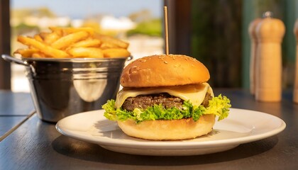 Appetizing Beef Tenderloin Burger Featuring Fresh Lettuce and Melted Cheese on a White Plate, Perfectly Paired with a Metal Bowl of Crispy Fries, Making the Burger the Central Focus of this Tasty Pres