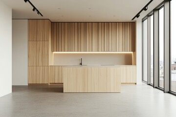 Design mockup of cozy kitchen with panoramic window and cooking space.