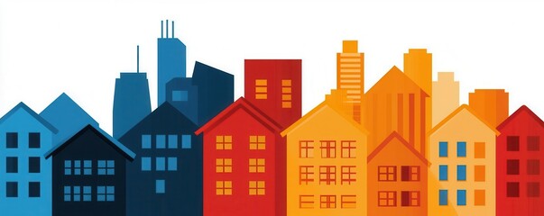 Naklejka premium Colorful city skyline with various houses and buildings, showcasing urban lifestyle and architectural diversity.