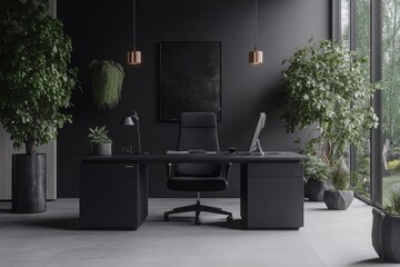 An interior business mockup frame with computers and a sideboard in grey.