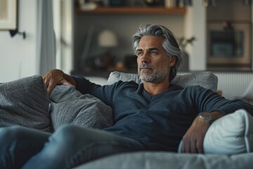 Fototapeta premium Portrait of mature man with grey hair sitting on sofa at home
