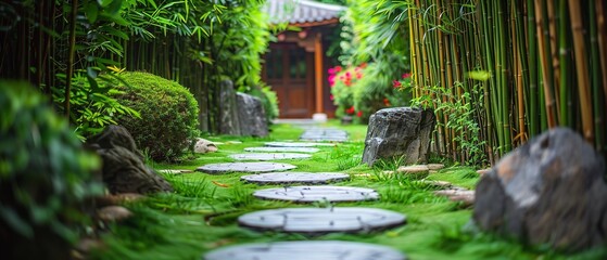A portrait of a stone walkway in a lovely&nbsp;serene bamboo garden with space for textual use and a stunning view of the outside, Generative AI.