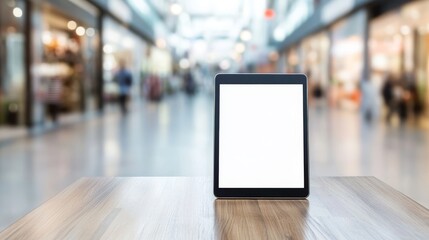 Digital marketing concept with blank screen kiosk in bright restaurant interior. Stock image.