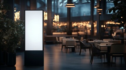 An eco-friendly digital signboard mockup in a greenhouse cafe setting. Sustainable technology and nature are incorporated into this concept.