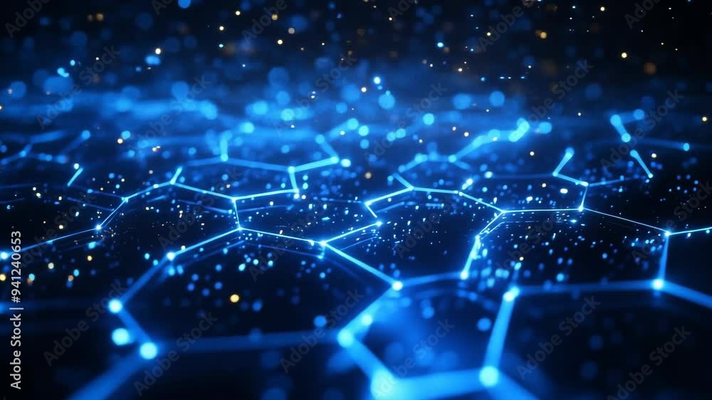 Poster glowing blue hexagonal grid with connected points resembling a futuristic digital network