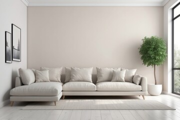 White Sectional Sofa in Minimalist Living Room with Plant and Window