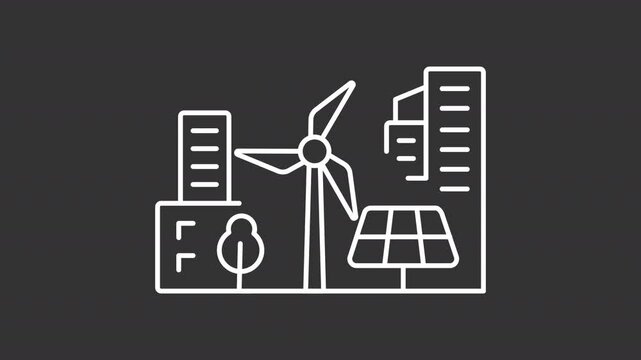 City energy white line animation. Animated urban landscape, windmill icon. Renewable energy. Wind turbine, solar panel. Isolated illustration on dark background. Transition alpha video. Motion graphic