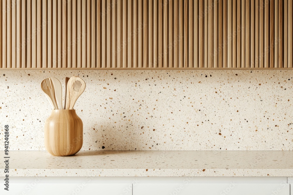 Poster An interior view of a modern home kitchen featuring a bar counter and shelves filled with kitchenware