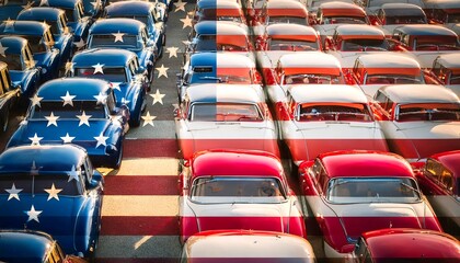 Fototapeta premium Patriotic Parking Lot: A Sea of American Cars: An aerial view of a vast parking lot filled with vintage American cars arranged in a pattern resembling the American flag. 2