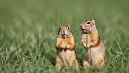 two squirrels are sitting in the grass and one is eating.