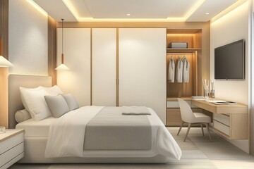 Fototapeta premium With a bed and workspace, a wooden wardrobe, and an elegant hotel interior