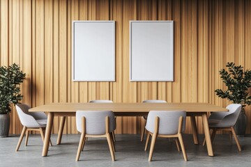 Interior of a modern office meeting room with tables, chairs, and mockups