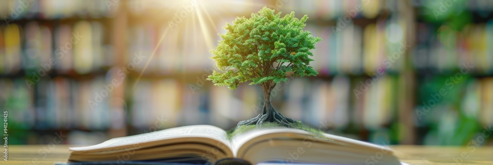 Poster illustrates growth of knowledge with a tree sprouting from an open book in a bright library, emphasi