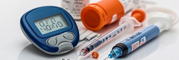 A collection of medical tools for diabetes management, including a glucose meter and syringes.