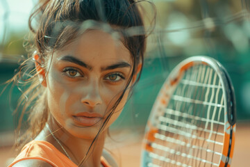 A young sporty woman of Indian ethnicity a holding a tennis racket