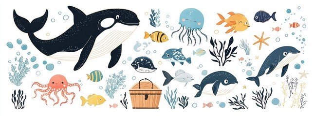 Naklejka premium On a white background, cute and funny marine animals, fish, dolphins, sharks, shrimps, algae, shells. Illustration of underwater life.