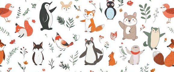 Modern set of cute animals with penguin, rabbit, monkey, owl, sloth, bear in doodle pattern. Adorable funny animals with white background.