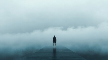 Obraz premium Solitary figure on a bridge, overcast sky, 3D illustration