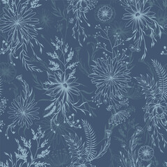 Seamless floral pattern on dark blue color. Hand drawn line art botanical background. Vector contour graphics.