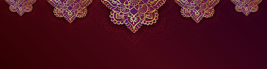 Panoramic luxury Diwali banner or header with detailed linear gold and purple mandala or Indian Rangoli design and copy space for greeting text on maroon background. Indian Festival of Lights