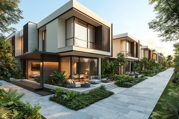 For real estate concept and housing market, modern contemporary style miniature painting illustration of urban residential neighborhoods, mixed 3D with manual matte painting