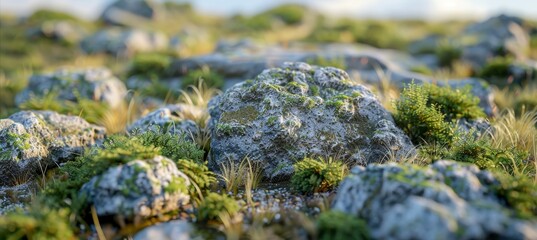 Fototapeta premium Rocky Meadow Landscape Sunrise Over a Field Filled with Moss-Covered Stones and Lush Green Foliage