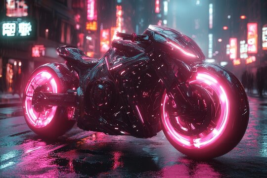 Stylish futuristic 3D motorcycle concept with purple neon ambiance and blue city backdrop, mixed digital illustration and matte painting