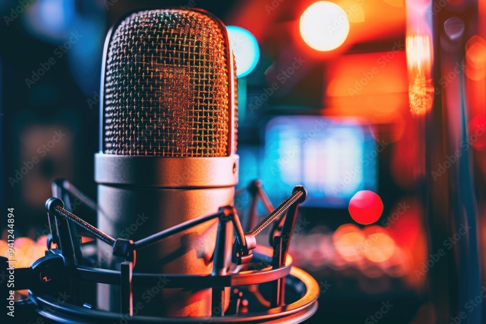 Poster microphone in a professional recording studio setting with blurred background