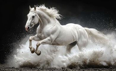 An illustration and matte painting of a wild white horse jumping in dynamic motion with trailing lines in digital form