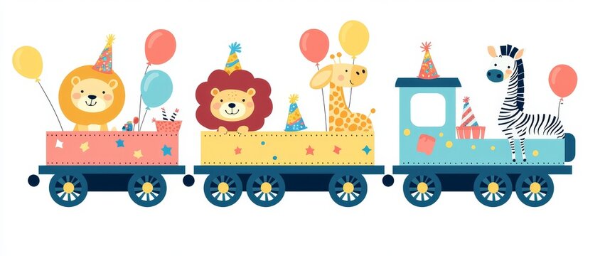 Illustration of a train with animals and balloons in a modern setting