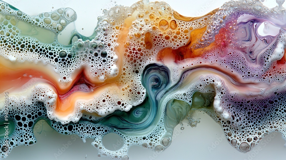 Aufkleber close-up of multi-colored liquid on white background with bubble patterns beneath it