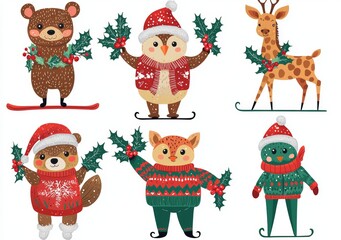 Fototapeta premium A set of adorable christmas animals and fish decorated in bright colors.