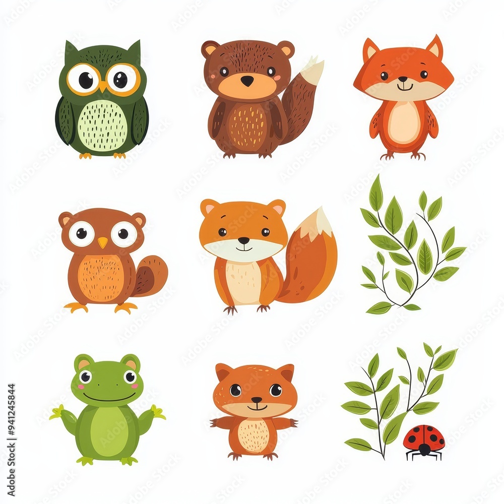 Sticker Cartoon woodland animals set. Cartoon illustration. Isolated squirrel, owl, bunny rabbit, frog, chipmunk, fox, bear, ladybug.