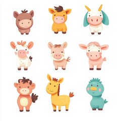 Obraz premium Collection of cute farm baby animals, including a cow, a horse, a chicken, a bunny rabbit, a sheep, a pig, a goat, and a chick.