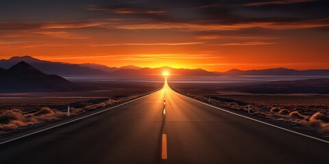 Fototapeta premium Desert highway at sunset road path. Adventure trip journey scene view