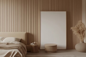 Stylish hotel bedroom with bed and nightstand. Wooden frame mockup.