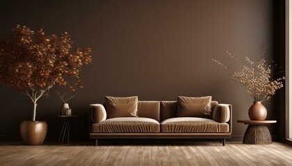 Home Mockup Interior with Dark Brown Minimalist Decor - 3D Render