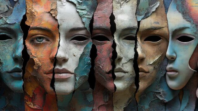 Multiple cracked faces in various colors, blending human and abstract elements in surreal art