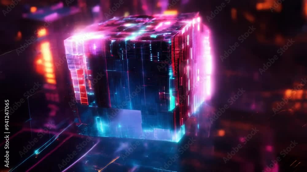 Poster glowing digital cube with vibrant colors and intricate details in a futuristic cyber environment